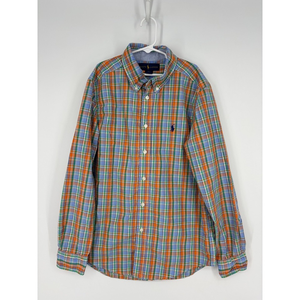 Ralph Lauren Shirt Boys L 14-16 Blue Orange Plaid Button Up Cotton Preppy